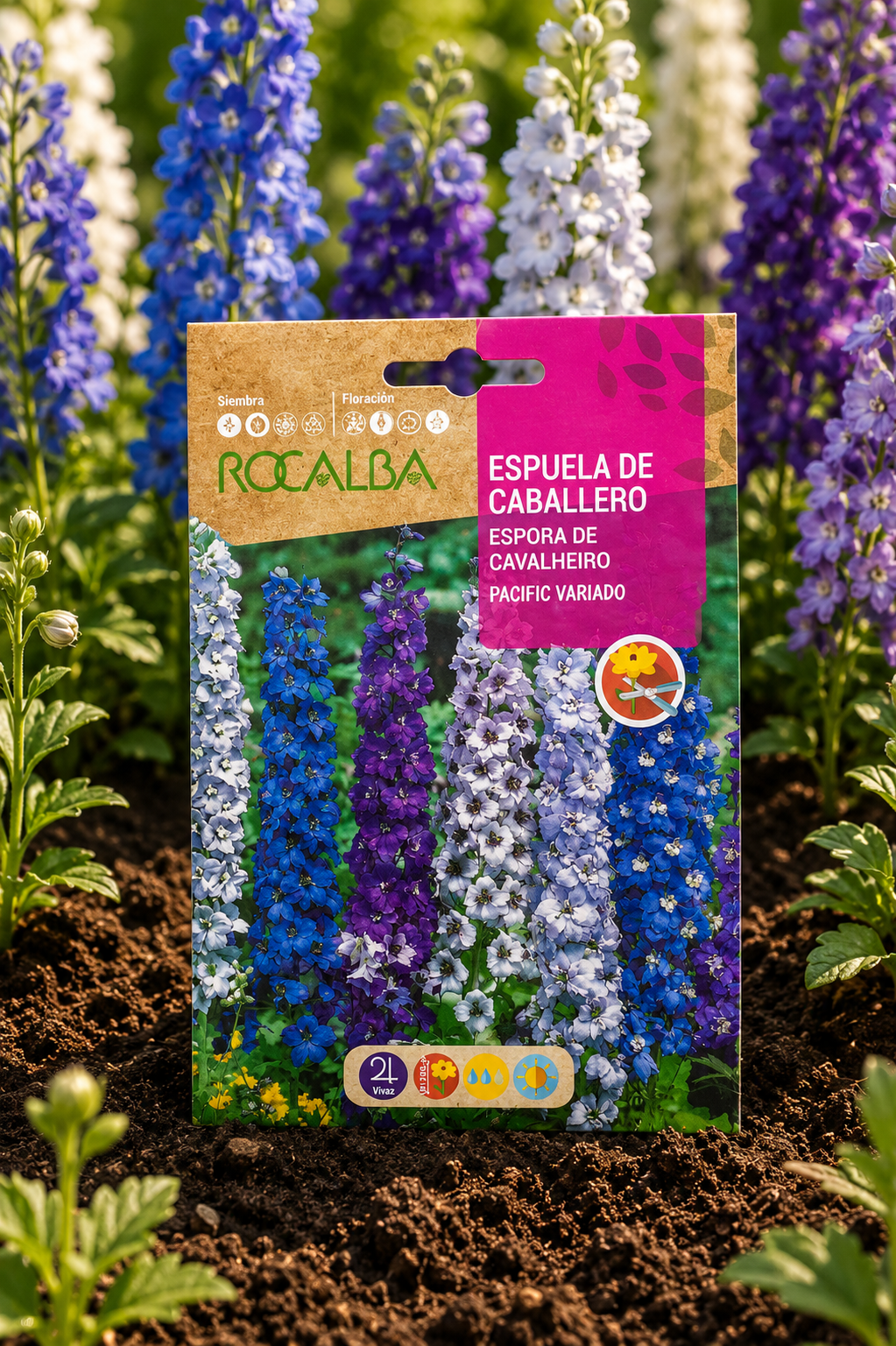 Semillas de Delphinium 'Pacific' (Espuela de Caballero o Pajarito) Rocalba